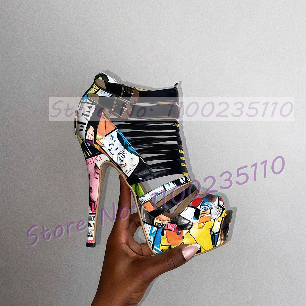 Colorful Graffiti Black Strapp - Sandal Strappy Heeled 리뷰 및 가격