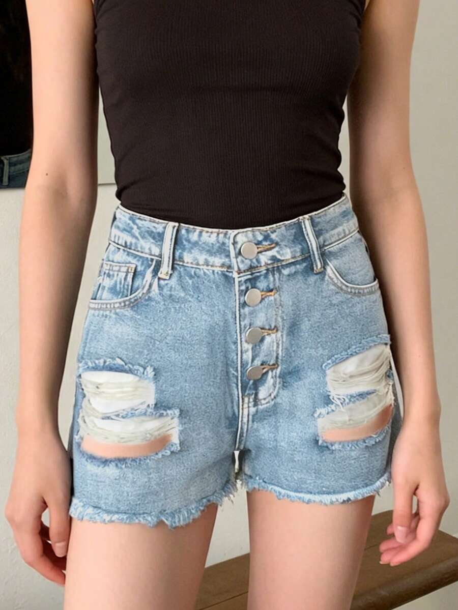Womens Mid-Rise Distressed Fra - Shorts Denim Frayed 리뷰 및 가격