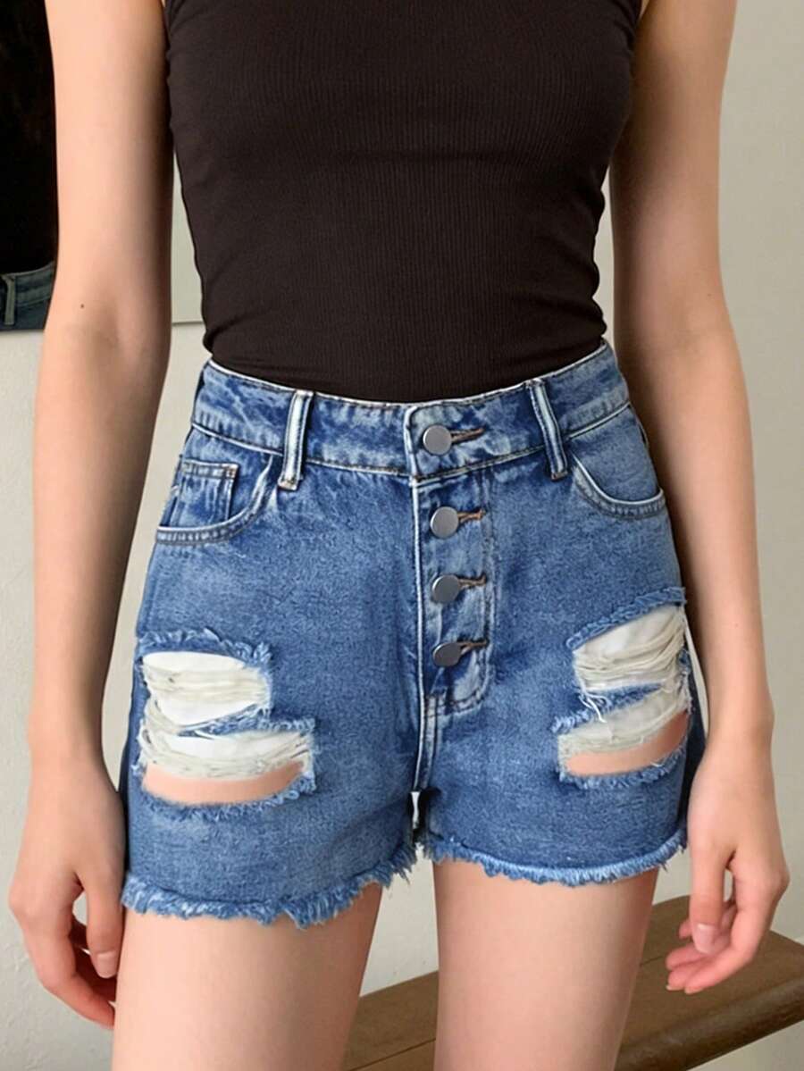 Womens Mid-Rise Distressed Fra - Shorts Denim Frayed 리뷰 및 가격