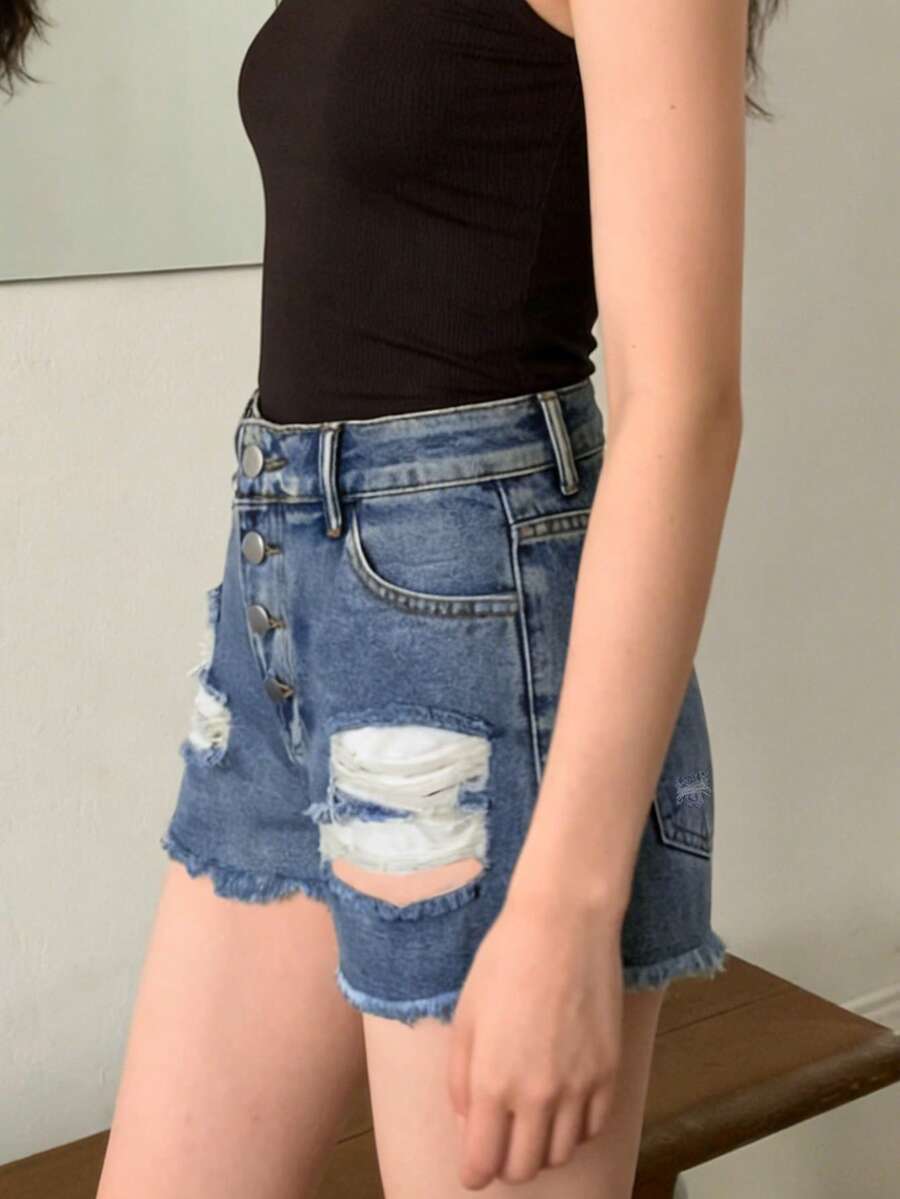 Womens Mid-Rise Distressed Fra - Shorts Denim Frayed 리뷰 및 가격
