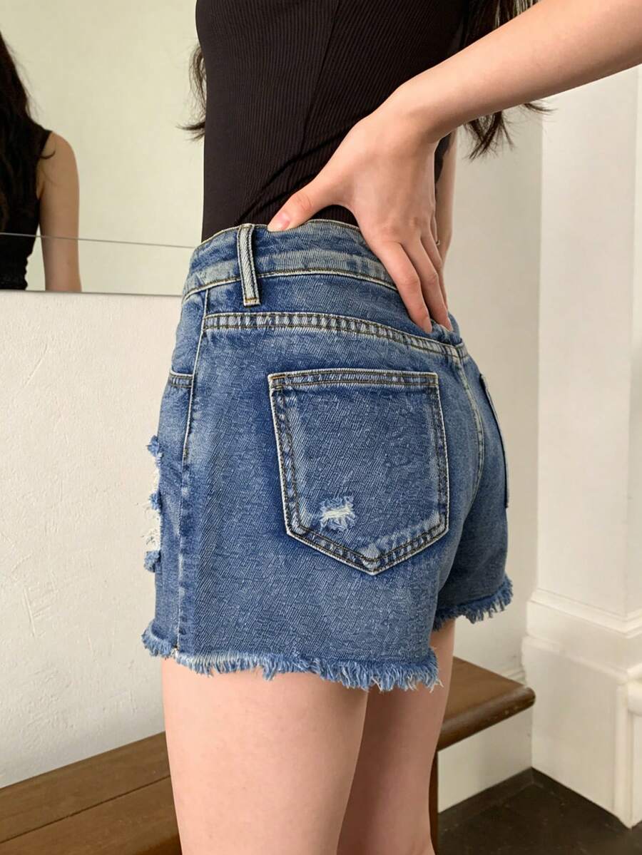 Womens Mid-Rise Distressed Fra - Shorts Denim Frayed 리뷰 및 가격