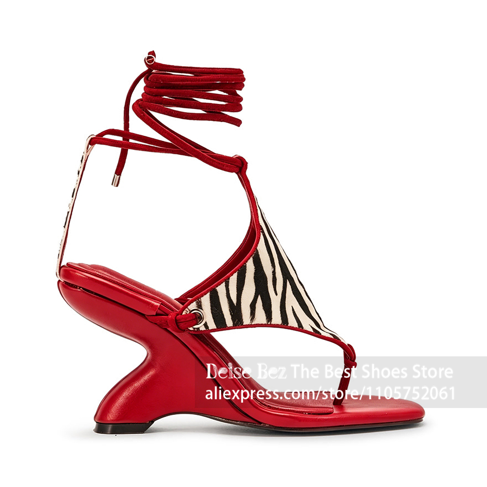Zebra Print Lace up Sculptural - Sandal Strappy Heeled 리뷰 및 가격