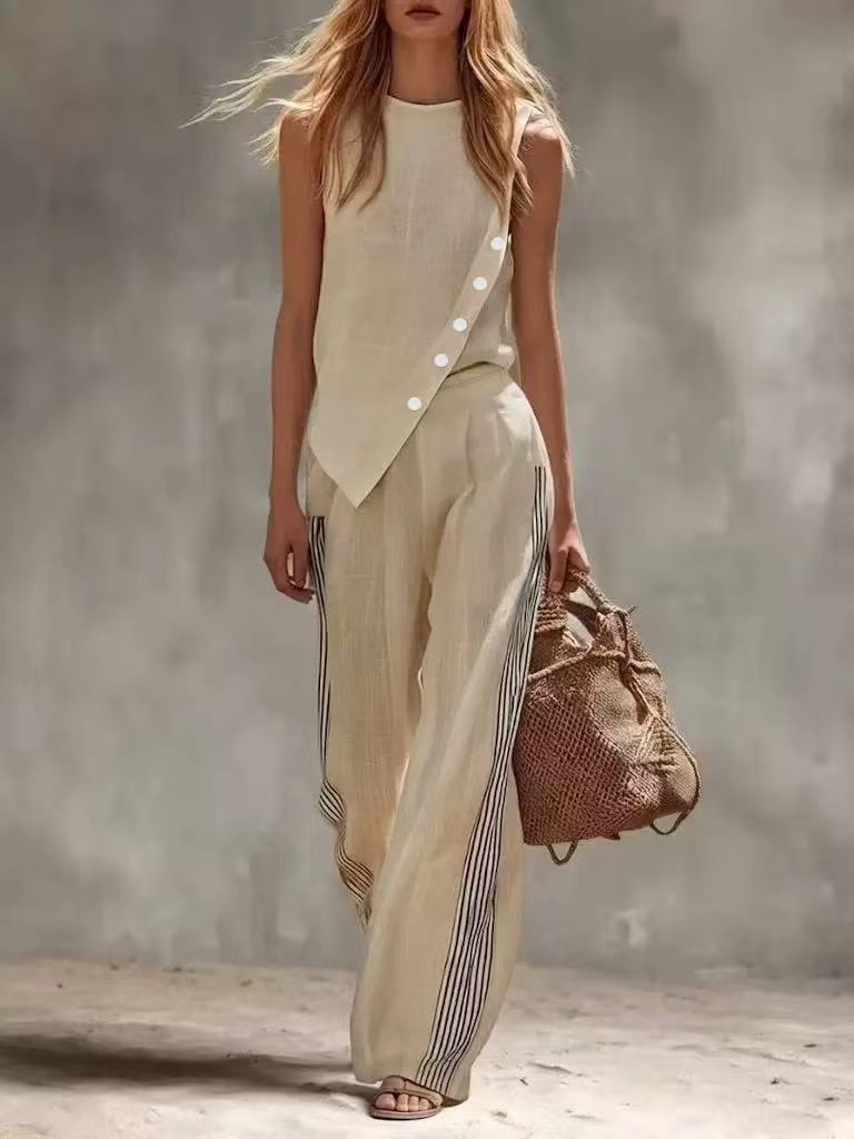 Side Button Irregular Sleevele - Linen Pant Wide 리뷰 및 가격