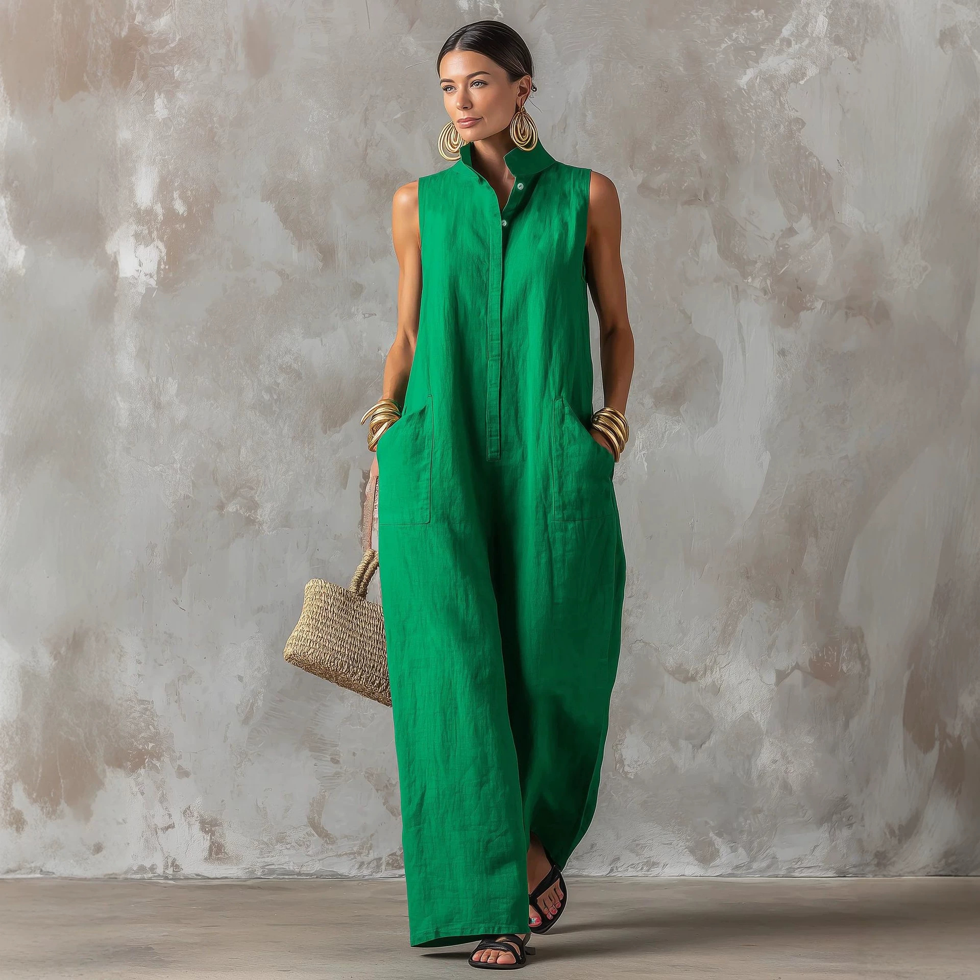 Linen Blend Jumpsuit Sleeveles - Jumpsuit Linen Relaxed 리뷰 및 가격