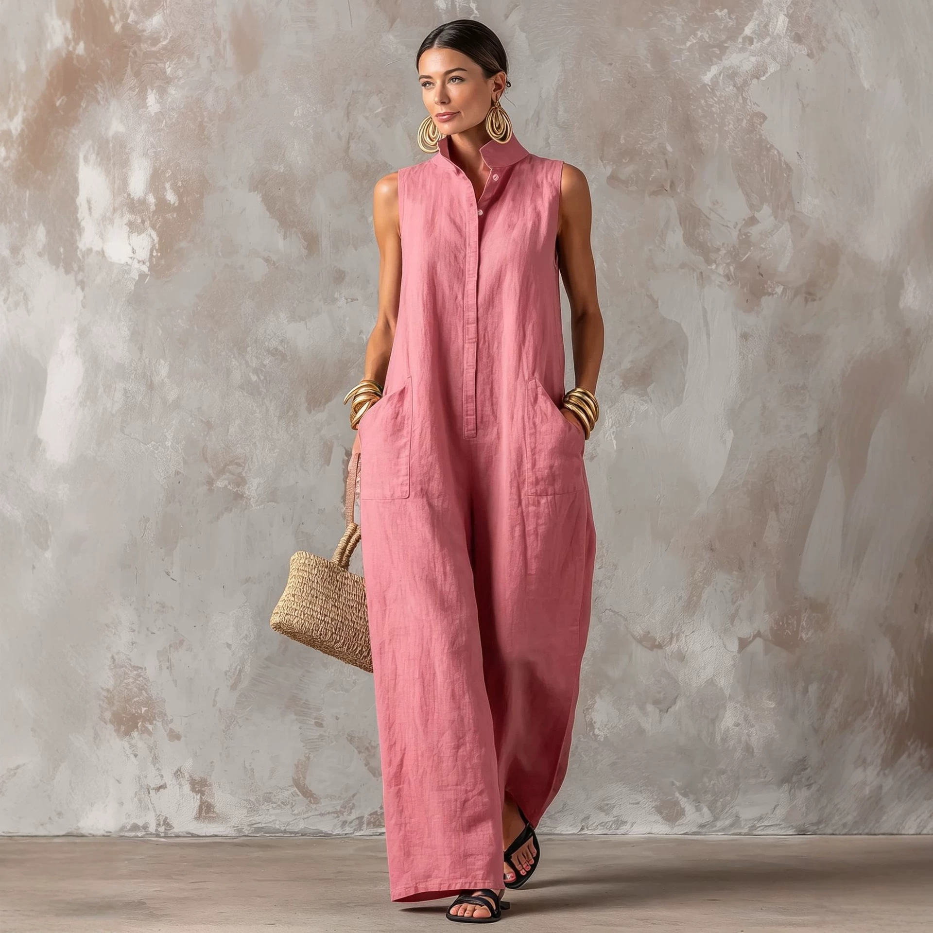 Linen Blend Jumpsuit Sleeveles - Jumpsuit Linen Relaxed 리뷰 및 가격