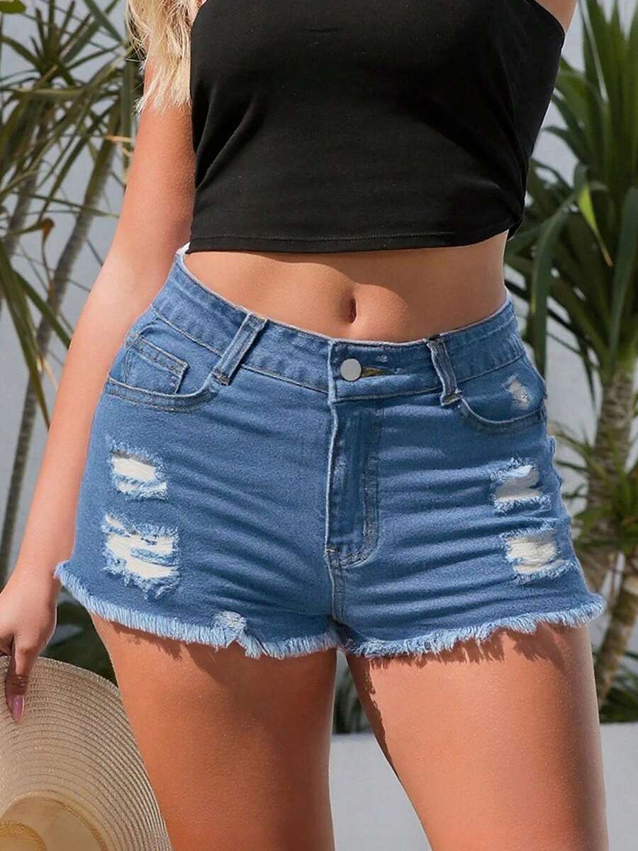 Women Denim Shorts With Pocket - Shorts Denim Frayed 리뷰 및 가격