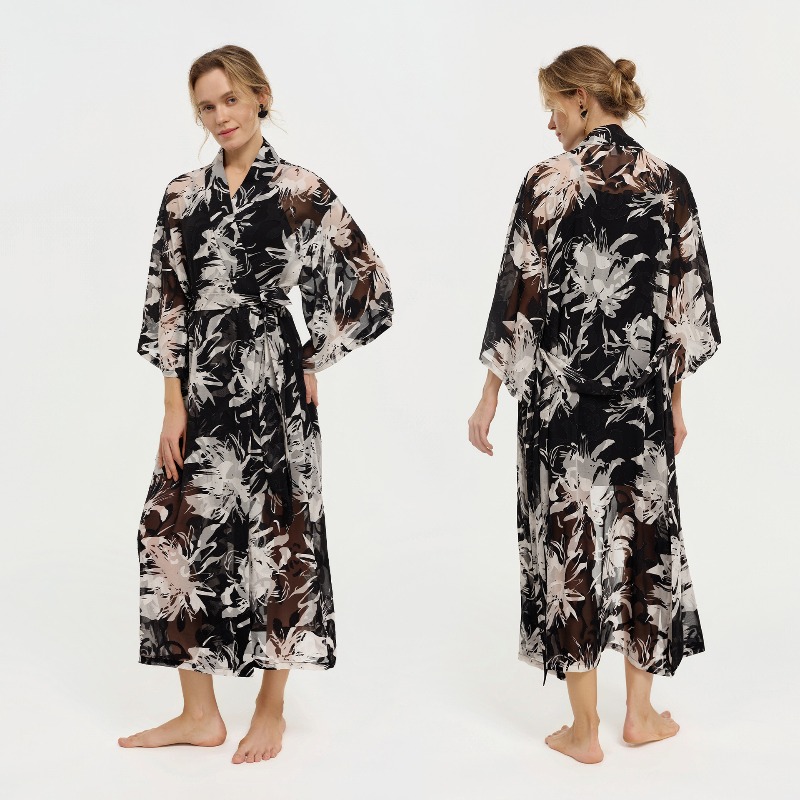 Women Black White Ink Floral S - Kimono Sheer Floral 리뷰 및 가격