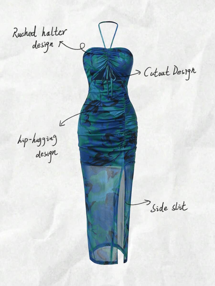 Halter Neck Pleated Mesh Print - Maxi Dress Halter 리뷰 및 가격